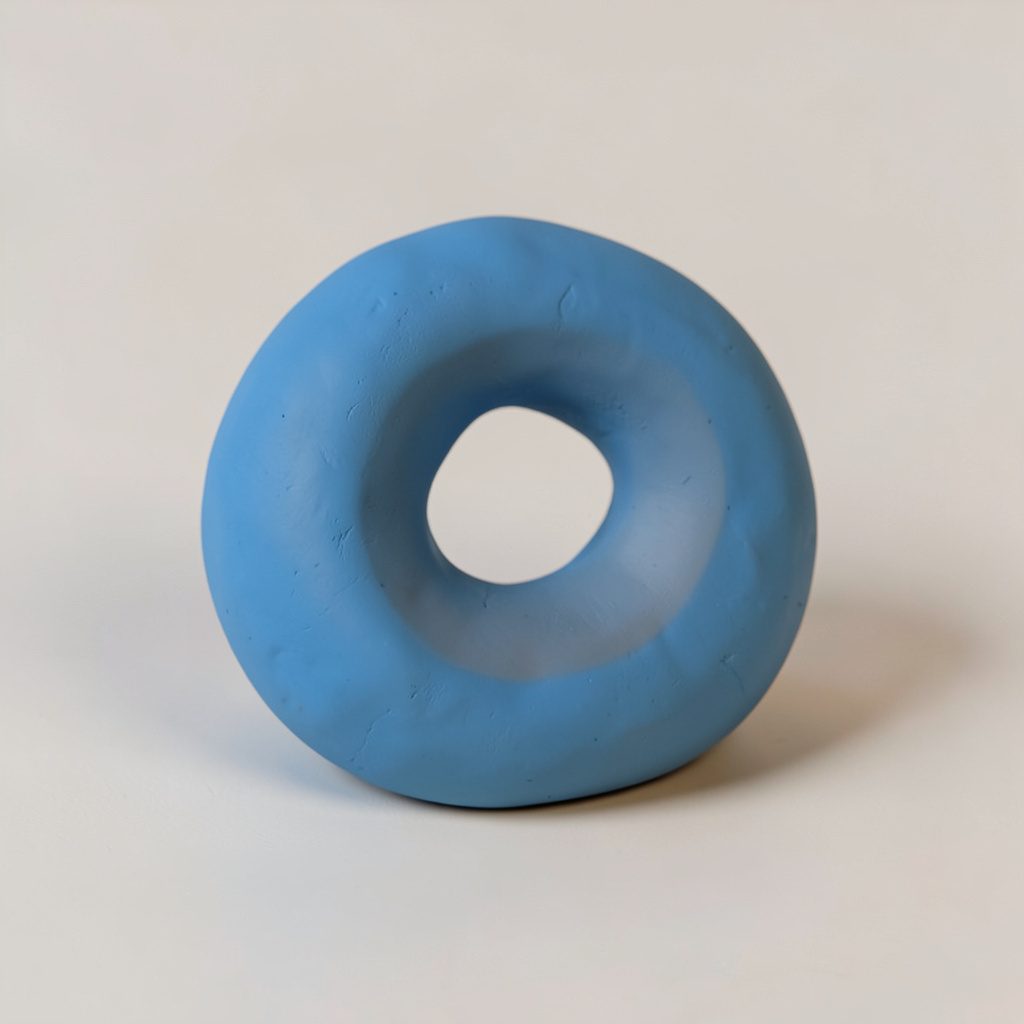 Rounded soft blue-and-teal emblem with a simple abstract clay-like mark, calm and minimal mood